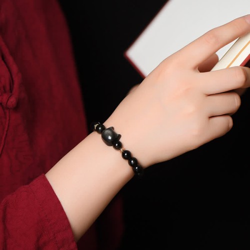 Gold & Silver Sheen Obsidian Lucky Cat Protection Bracelet Gold & Silver Sheen Obsidian Lucky Cat Protection Bracelet