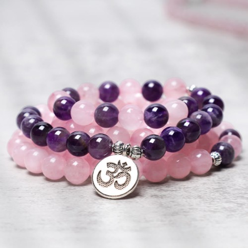 Rose Quartz & Amethyst Mala Bead Bracelet Rose Quartz & Amethyst Mala Bead Bracelet