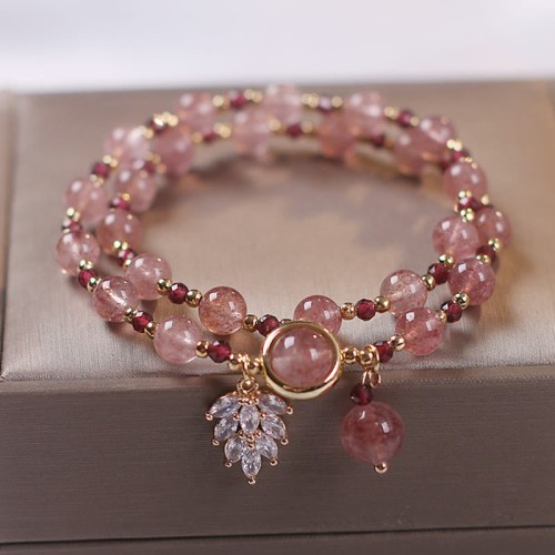 Strawberry Quartz Maple Leaf Charm Double Wrap Bracelet Strawberry Quartz Maple Leaf Charm Double Wrap Bracelet