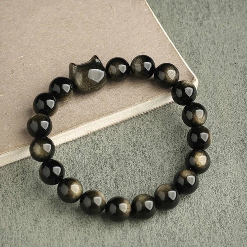 Gold & Silver Sheen Obsidian Lucky Cat Protection Bracelet Gold & Silver Sheen Obsidian Lucky Cat Protection Bracelet