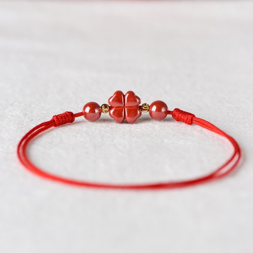 Four Leaf Clover Cinnabar Blessing Calm Anklet Bracelet