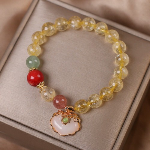 Citrine White Jade Strawberry Quartz Charm Bracelet