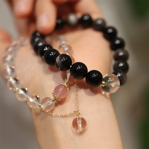 Silver Sheen Obsidian Pink Crystal Yin Yang Couple Bracelet Silver Sheen Obsidian Pink Crystal Yin Yang Couple Bracelet