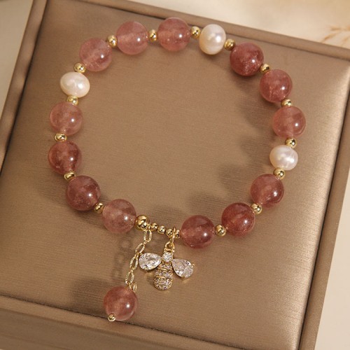 Strawberry Quartz Pearl Zircon Honeybee Positive Charm Bracelet
