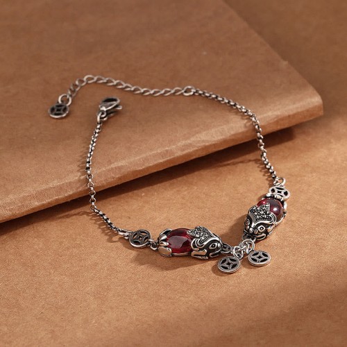 Garnet PiXiu Copper Coin Protection Bracelet