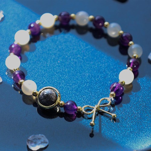 Amethyst Cat Eye Black Rutilated Quartz Bead Bracelet
