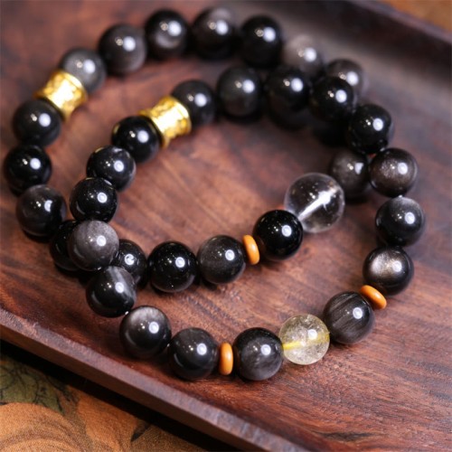 Silver Sheen Obsidian Om Mani Padme Hum Protection Bracelet