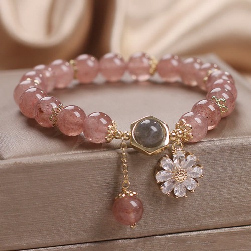Strawberry Quartz Daisy Flower Charm Healing Bracelet Strawberry Quartz Daisy Flower Charm Healing Bracelet