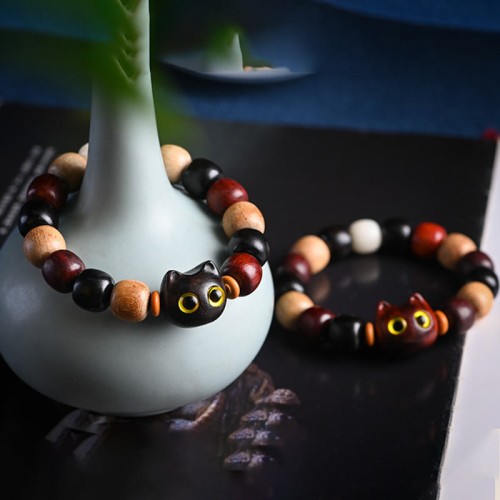 Ebony Wood Cat Engraved Protection Bracelet