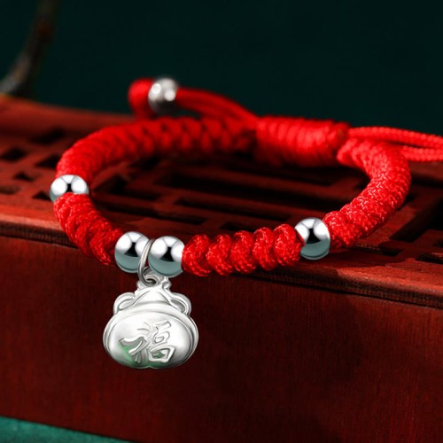 925 Sterling Silver Fu Character Lucky Money Bag Kids Bracelet 925 Sterling Silver Fu Character Lucky Money Bag Kids Bracelet