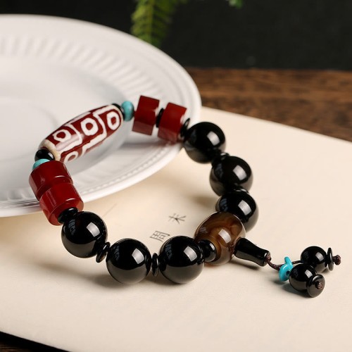 Tibetan Nine-Eye Dzi Black Onyx Wealth Bracelet