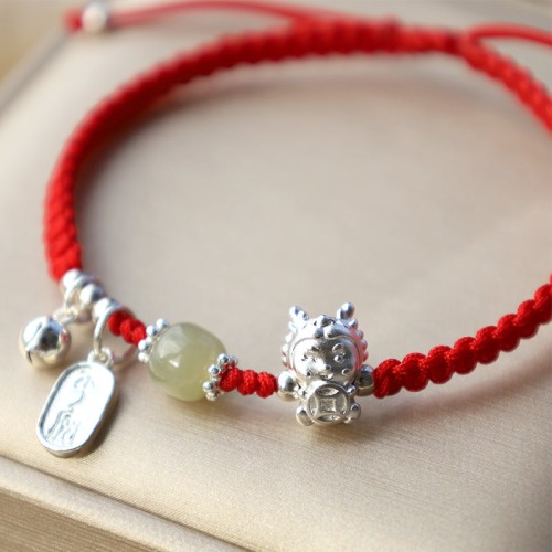 Year of the Dragon 999 Sterling Silver Hetian Jade Protection Bracelet Year of the Dragon 999 Sterling Silver Hetian Jade Protection Bracelet