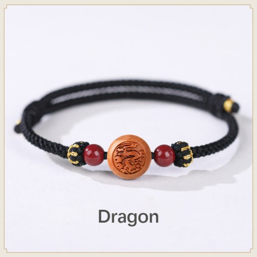 Natural Peach Wood Chinese Zodiac Cinnabar Wealth Bracelet
