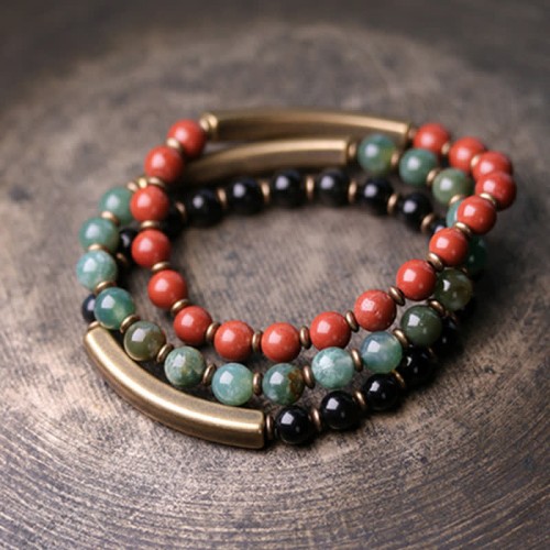 Red Jasper Moss Agate Black Obsidian Peace Bracelet Red Jasper Moss Agate Black Obsidian Peace Bracelet