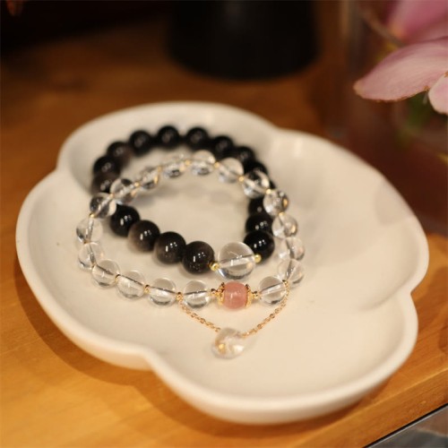 Silver Sheen Obsidian Pink Crystal Yin Yang Couple Bracelet Silver Sheen Obsidian Pink Crystal Yin Yang Couple Bracelet