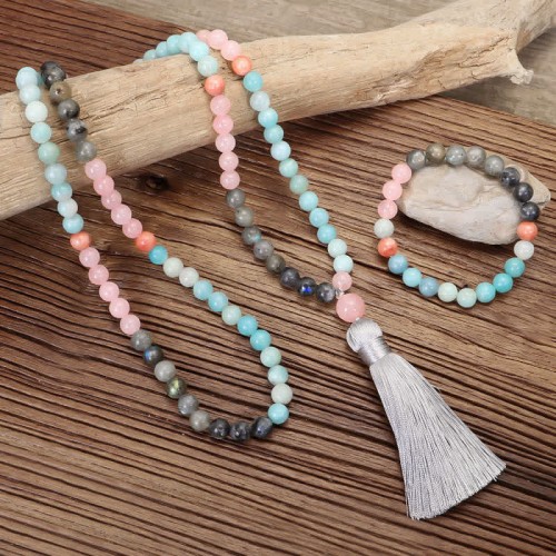Amazonite Black Glitter Stone Positive Tassel Bracelet Amazonite Black Glitter Stone Positive Tassel Bracelet