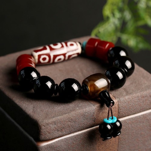 Tibetan Nine-Eye Dzi Black Onyx Wealth Bracelet