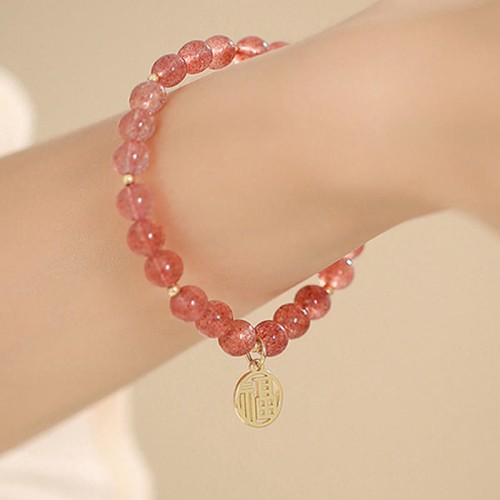 14K Gold Plated Strawberry Quartz Fu Charm Bracelet 14K Gold Plated Strawberry Quartz Fu Charm Bracelet