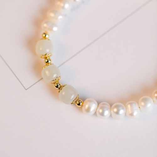 14K Gold Plated Pearl Hetian Cyan Jade Sincerity Bead Bracelet 14K Gold Plated Pearl Hetian Cyan Jade Sincerity Bead Bracelet