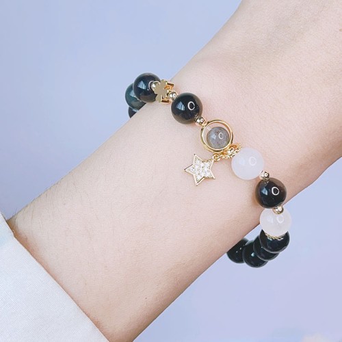 Natural Silver Sheen Obsidian Heart Star Flower Protection Bracelet