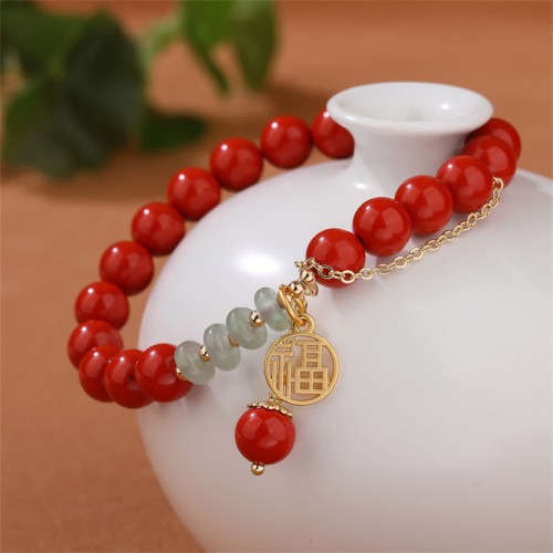 Cinnabar Fu Character Jade Calm Bracelet