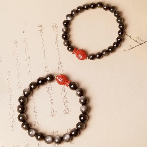 Silver Sheen Obsidian Cinnabar Koi Fish Protection Bracelet