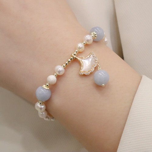 Aquamarine Pearl Ginkgo Leaf Butterfly Charm Bracelet Aquamarine Pearl Ginkgo Leaf Butterfly Charm Bracelet