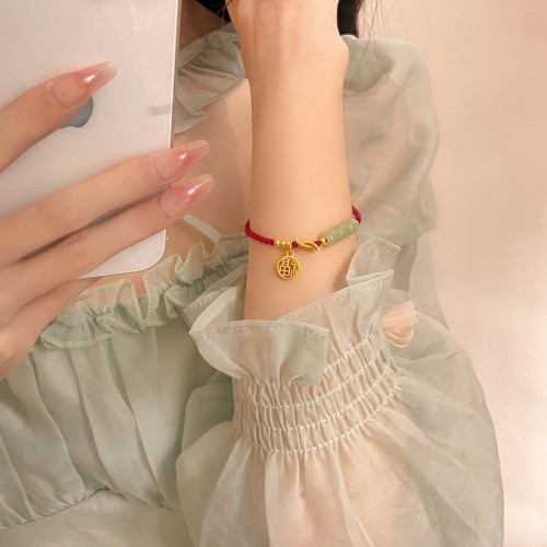 Jade Fu Character Charm Luck Red Rope Bracelet