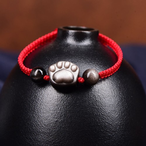 Silver Sheen Obsidian Cat Paw Protection Rope Bracelet Silver Sheen Obsidian Cat Paw Protection Rope Bracelet