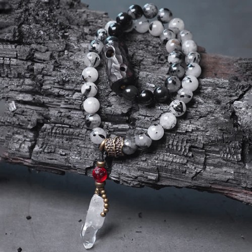 Black Rutilated Quartz Ebony Wood White Crystal Success Bracelet Black Rutilated Quartz Ebony Wood White Crystal Success Bracelet