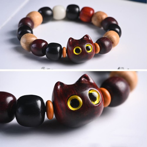 Ebony Wood Cat Engraved Protection Bracelet
