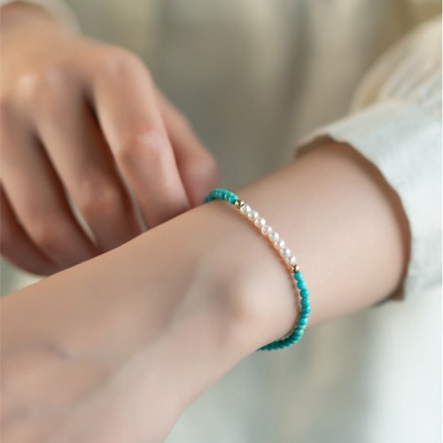 925 Sterling Silver Natural Turquoise Pearl Beaded Bracelet 925 Sterling Silver Natural Turquoise Pearl Beaded Bracelet