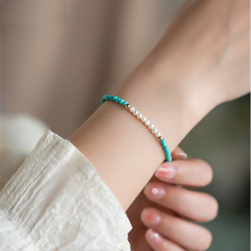 925 Sterling Silver Natural Turquoise Pearl Beaded Bracelet 925 Sterling Silver Natural Turquoise Pearl Beaded Bracelet