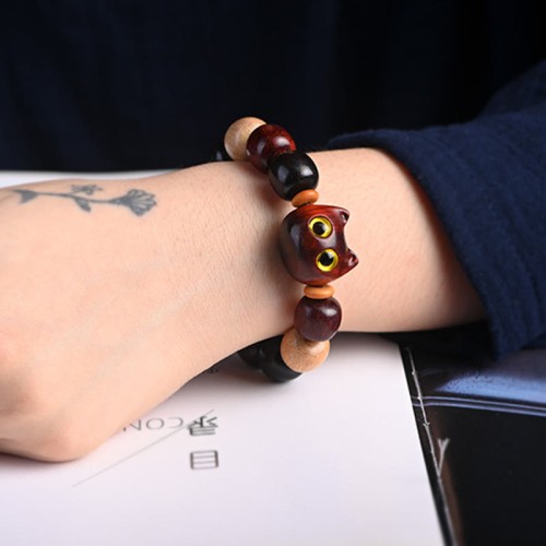 Ebony Wood Cat Engraved Protection Bracelet