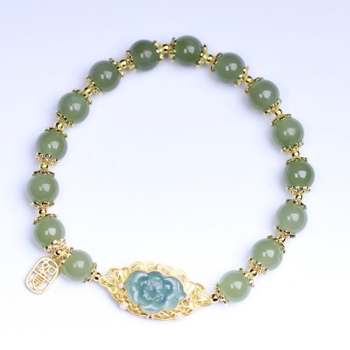 14K Gold Plated Hetian Jade Lotus Luck Bracelet 14K Gold Plated Hetian Jade Lotus Luck Bracelet