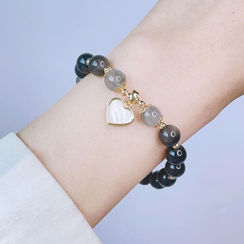 Natural Silver Sheen Obsidian Heart Star Flower Protection Bracelet
