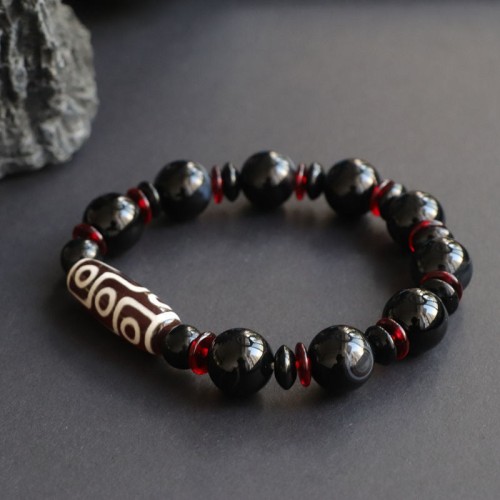 Black Onyx Nine-Eye Dzi Bead Wealth Bracelet Black Onyx Nine-Eye Dzi Bead Wealth Bracelet