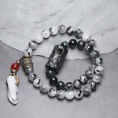 Black Rutilated Quartz Ebony Wood White Crystal Success Bracelet Black Rutilated Quartz Ebony Wood White Crystal Success Bracelet