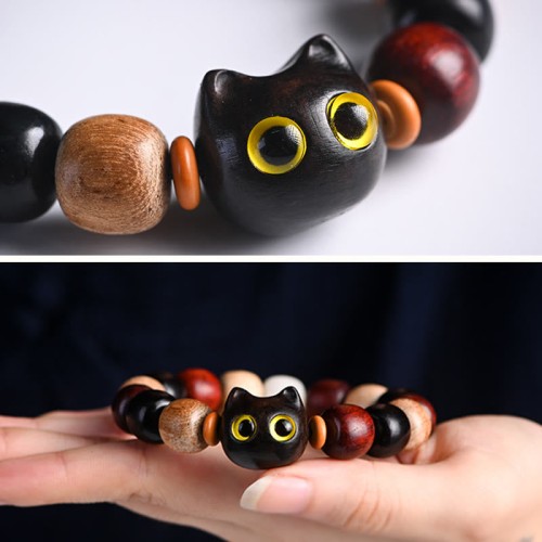 Ebony Wood Cat Engraved Protection Bracelet