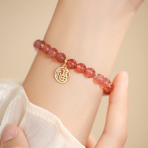 14K Gold Plated Strawberry Quartz Fu Charm Bracelet 14K Gold Plated Strawberry Quartz Fu Charm Bracelet