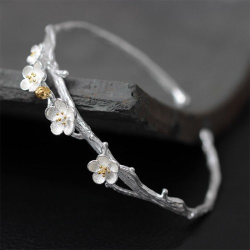 925 Sterling Silver Plum Flower Blessing Adjustable Bangle 925 Sterling Silver Plum Flower Blessing Adjustable Bangle