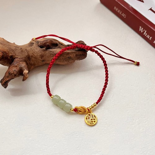 Jade Fu Character Charm Luck Red Rope Bracelet