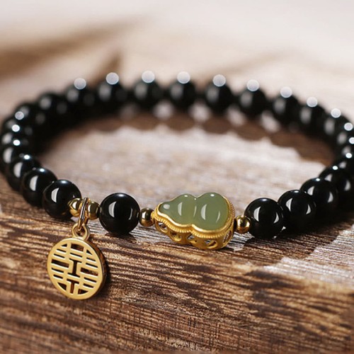 Black Obsidian Hetian Jade Gourd Strength Bracelet Black Obsidian Hetian Jade Gourd Strength Bracelet