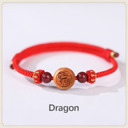 Natural Peach Wood Chinese Zodiac Cinnabar Wealth Bracelet