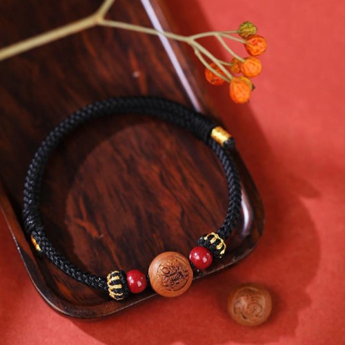 Natural Peach Wood Chinese Zodiac Cinnabar Wealth Bracelet