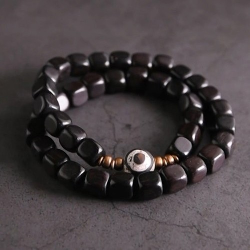 Ebony Wood Dzi Bead Copper Peace Couple Bracelet Ebony Wood Dzi Bead Copper Peace Couple Bracelet