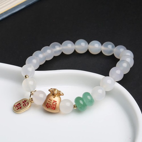 White Agate Red Agate Money Bag Fu Character Bracelet White Agate Red Agate Money Bag Fu Character Bracelet