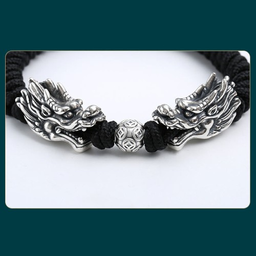999 Sterling Silver Double Dragon Luck Bracelet