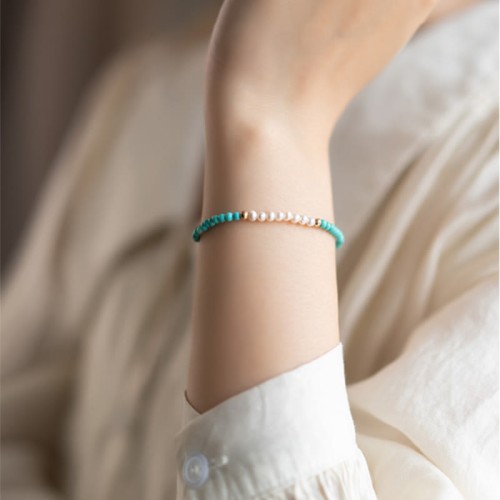 925 Sterling Silver Natural Turquoise Pearl Beaded Bracelet 925 Sterling Silver Natural Turquoise Pearl Beaded Bracelet