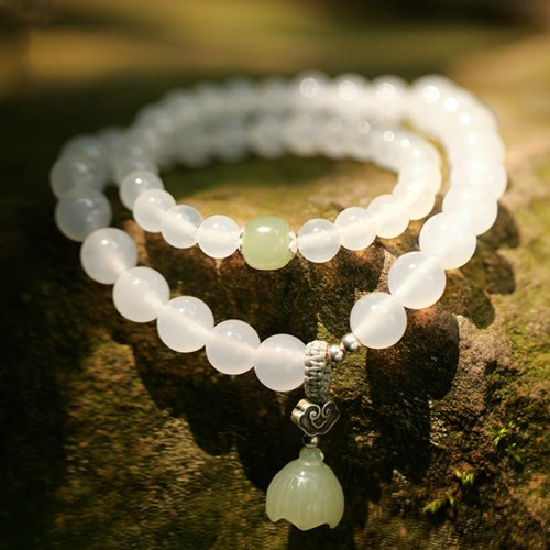 White Agate Jade Lotus Protection Bracelet White Agate Jade Lotus Protection Bracelet